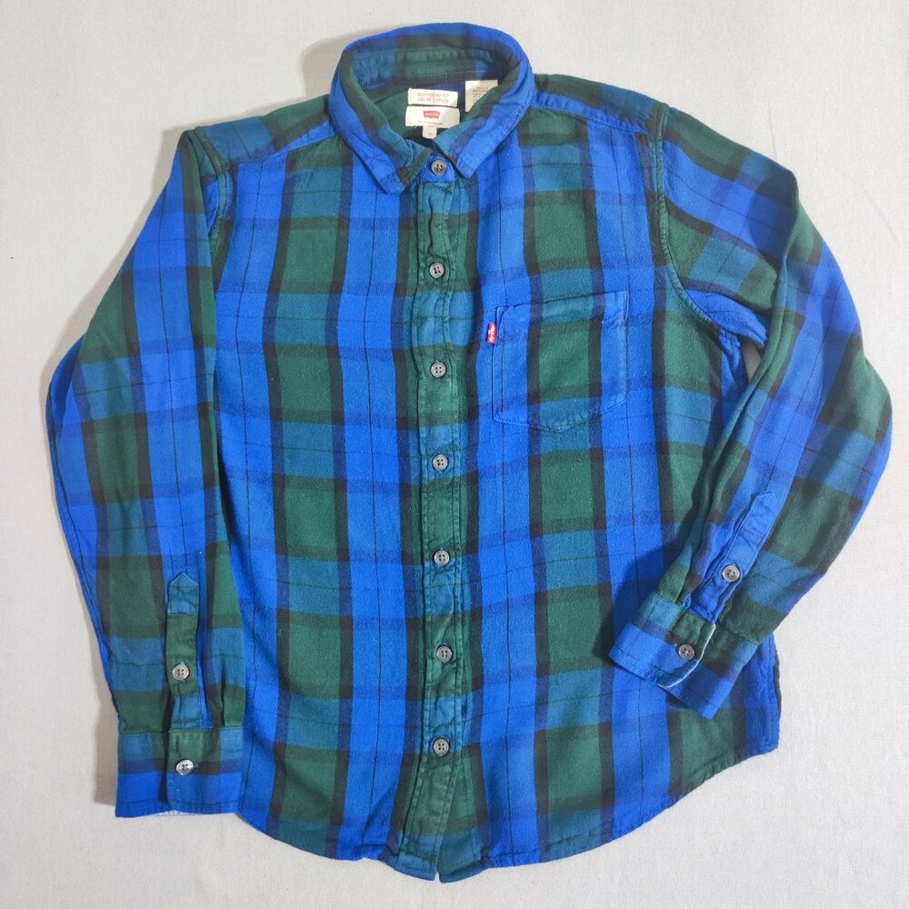 Levi's flannel button down shirt women's size XS blue and green plaid pattern